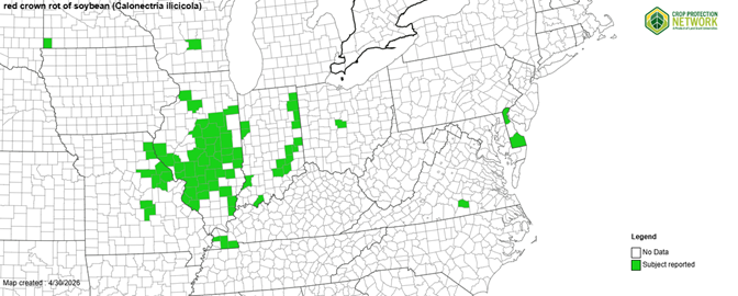 Fig 3. Soybean: National soybean red crown rot map, this map shows where red crown rot has currently been confirmed, we have confirmed this disease in 15 Indiana counties.  https://cropprotectionnetwork.org/maps/red-crown-rot-map