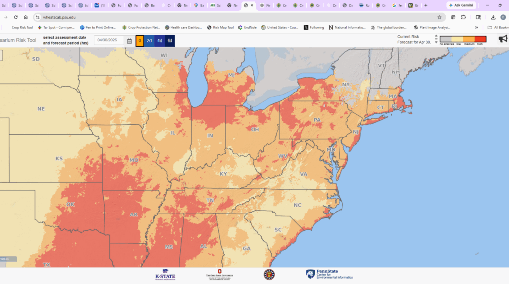 Figure 4. Fusarium Risk Assessment Tool Indiana map generated on April 30 2026. Red = high risk, Orange = medium risk, and Yellow = low risk for Fusarium head blight on wheat just prior to flowering or the early stages of grain development. Image credit: http://www.wheatscab.psu.edu/.