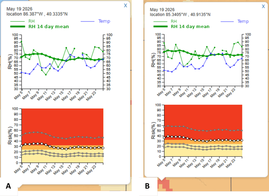  Figure 2. The bottom graph in both panels displays the Fusarium head blight disease risk trend over the past 14 days A.  2A from an orange region in Indiana shows that early May risk was in the red, but now has dropped to moderate in the orange, whereas in 2B risk was high (red) early May, dropped off a bit May 15, but has moved back into the high for May 23. These models are both based on a susceptible cultivar.