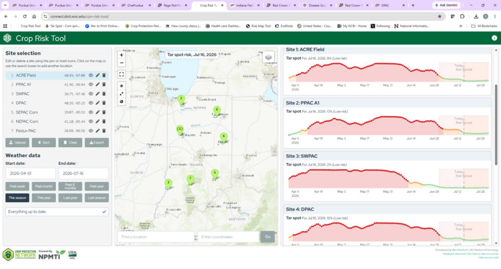 Figure 2. Crop risk tool for tar spot of corn from April 1 till Jul 12 – watch for high risk when growth stage is V10-R3. Here’s an example of our Purdue farm sites located ACRE – West Lafayette; PPAC – Wanatah; SWPAC – Vincennes; and DPAC – Farmland. The hot weather we have seen recently has lowered the disease risk for tar spot across the state. I would use these along with disease scouting to make an informed fungicide application decision.