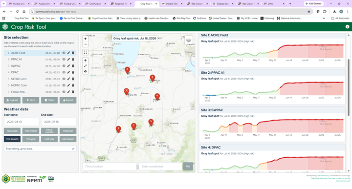  Figure 3. Gray leaf spot risk model from April 1 to July 12, watching for high risk when corn vulnerable during growth stages V10-R3 (10th leaf - milk). This model is almost opposite of the tar spot where now the gray leaf spot risk is high across the state (ACRE – West Lafayette; PPAC – Wanatah; SWPAC – Vincennes; and DPAC – Farmland).  Gray leaf spot has been the prominent disease we have observed on our scouting rounds thus far this season.