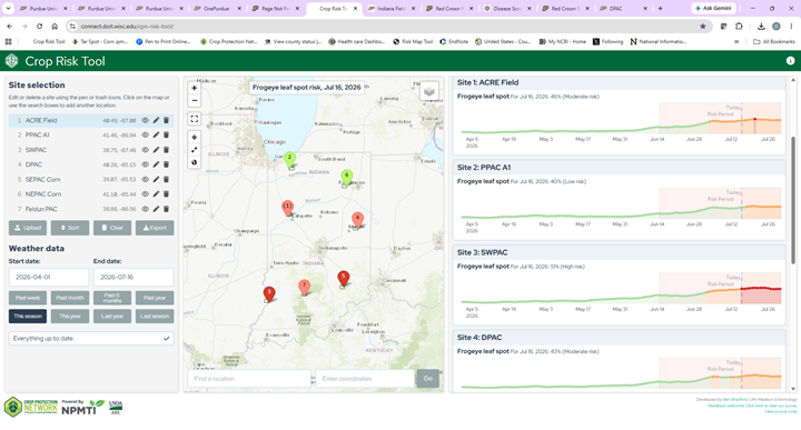 Figure 5. Crop risk tool for frogeye leaf spot in soybean. The frogeye risk is moving up across the state. Soybean is vulnerable to frogeye leaf spot when in the growth stages R1-R5 (flowering - beginning seed). It is low risk at PPAC, moderate risk at both ACRE and DPAC, and moving into high risk in the southern part of the state as seen at SWPAC. It would be time to scout soybean and see if you can find any frogeye in soybean canopy. We did detect a few lesions in our ACRE research site. (ACRE – West Lafayette; PPAC – Wanatah; SWPAC – Vincennes; and DPAC – Farmland).